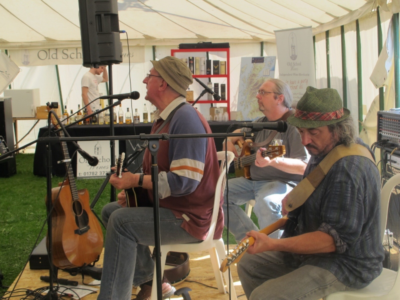 two men and a woman sing and play acoustic instruments together