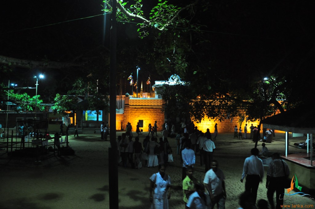 group of people standing around near a gate at night