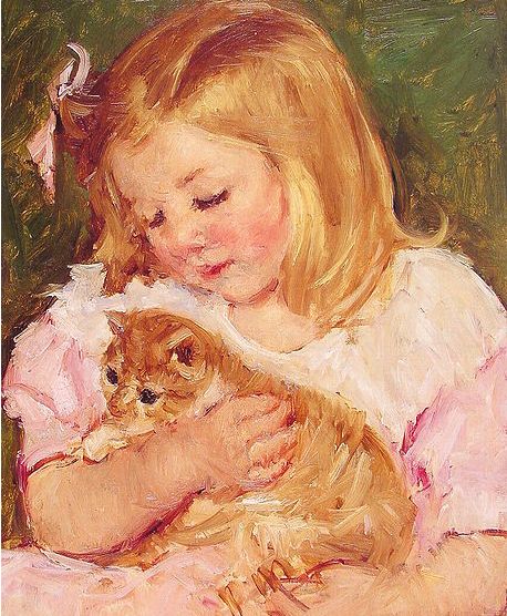 a painting of a child holding a small kitten