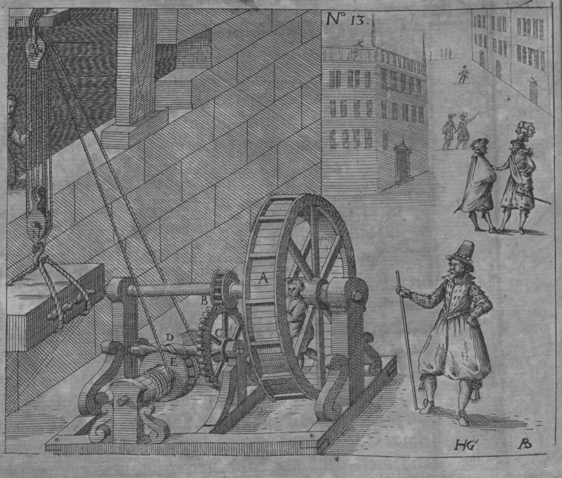 an engraving shows a man using a spinning wheel