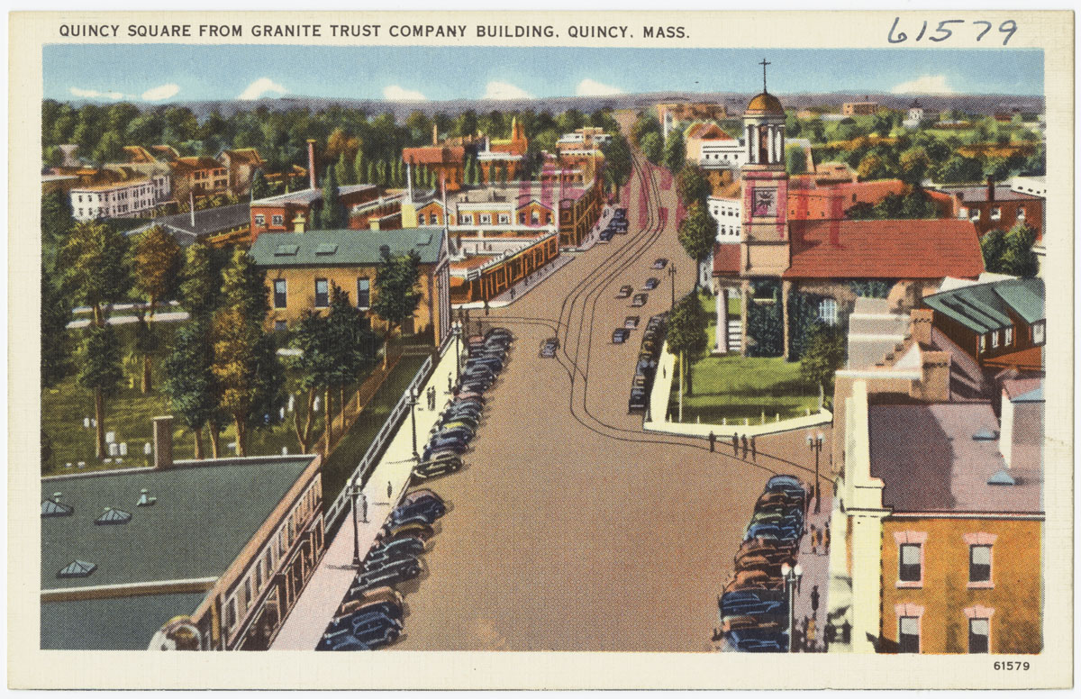 an old postcard showing the street in front of a bunch of parked cars