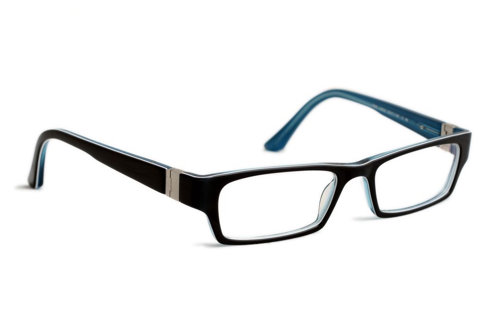 the glasses are black with a light blue trim