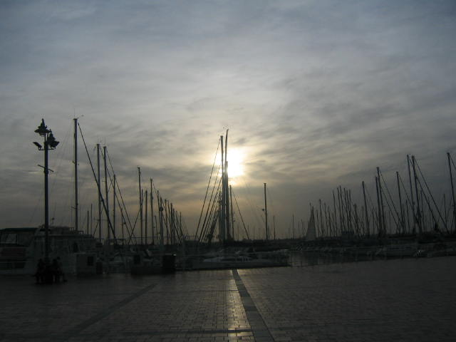 many boats are docked in a dock during the sunset