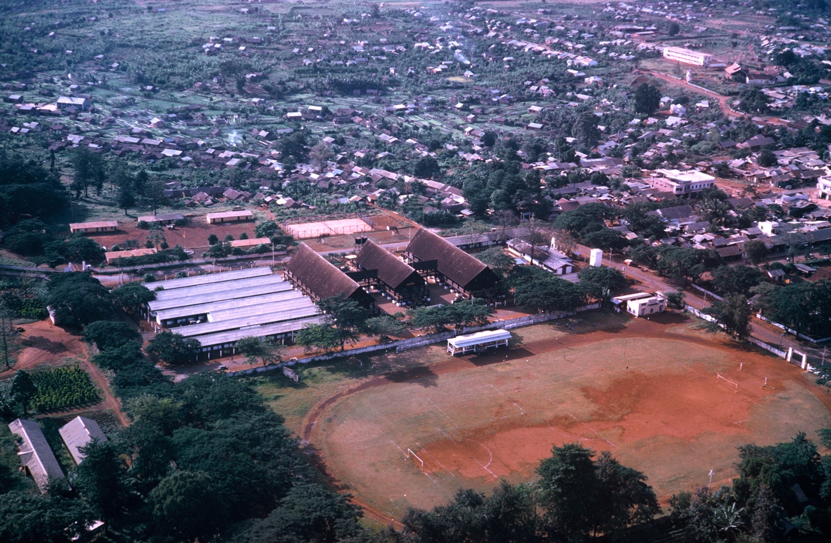 an aerial view of a small village with buildings