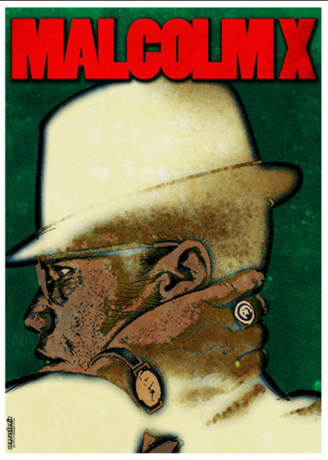 the cover to malcolm x, featuring a portrait of a man in a white suit with a fedora on