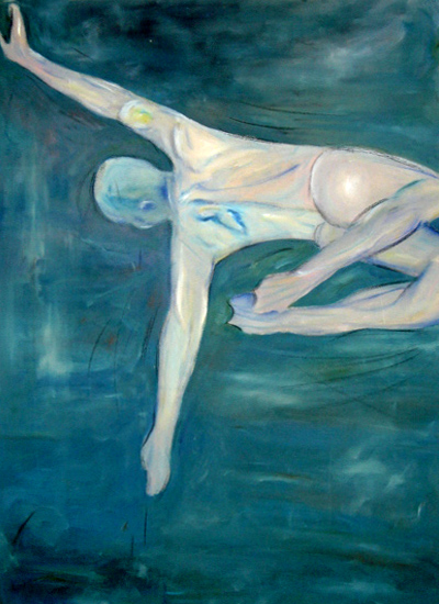 artwork piece depicting a  woman floating in water