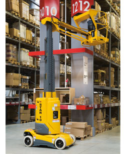 a forklift is moving a cart through a warehouse