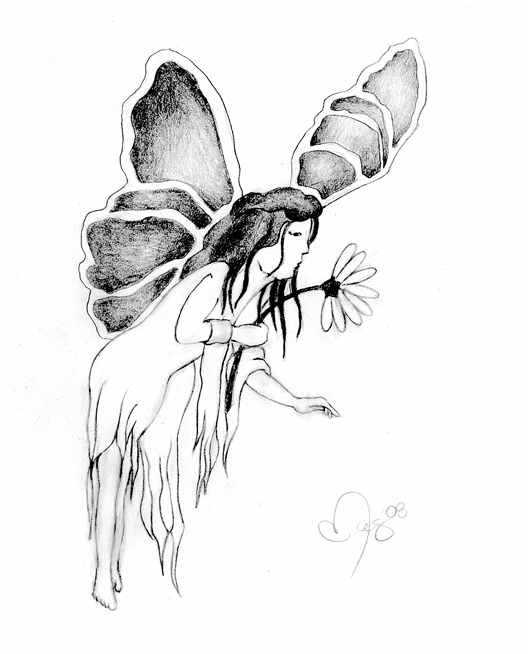 an ink drawing of a woman with flowers on her shoulder