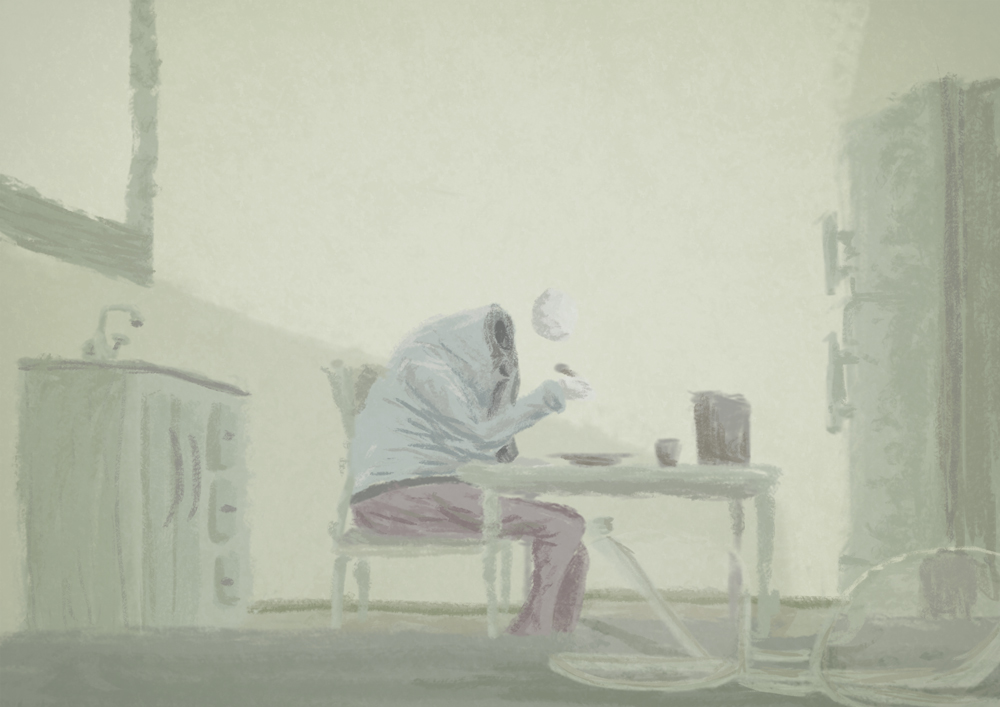 a painting of a person sitting at a table eating some food