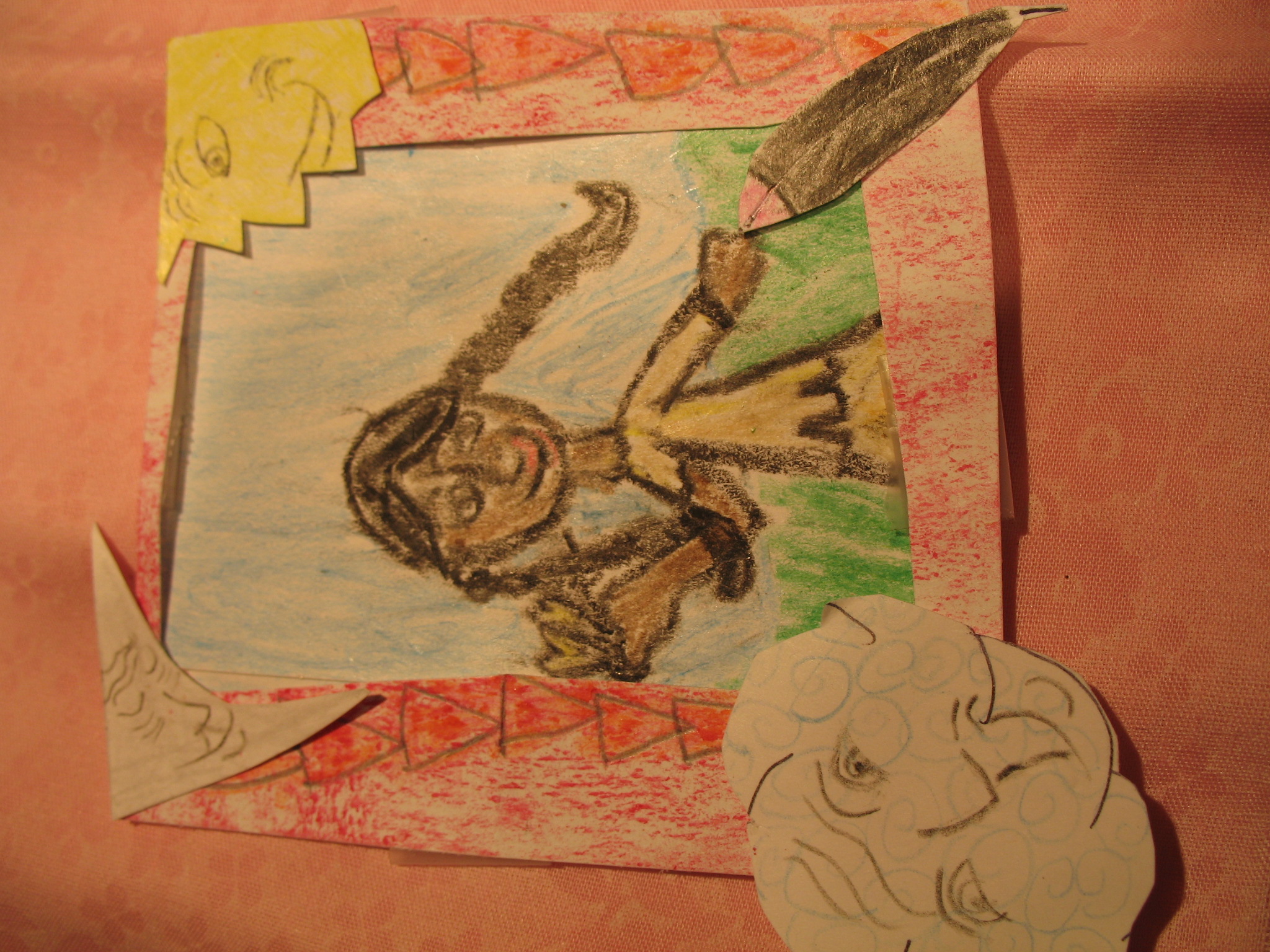 a child's drawing of a girl holding a bird on a picture