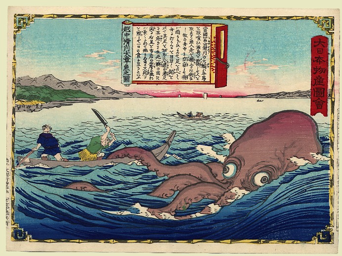 an octo swimming over water with two people in boats