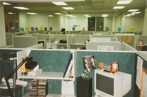 an office cubicle has lots of desks and shelves and stuffed animals