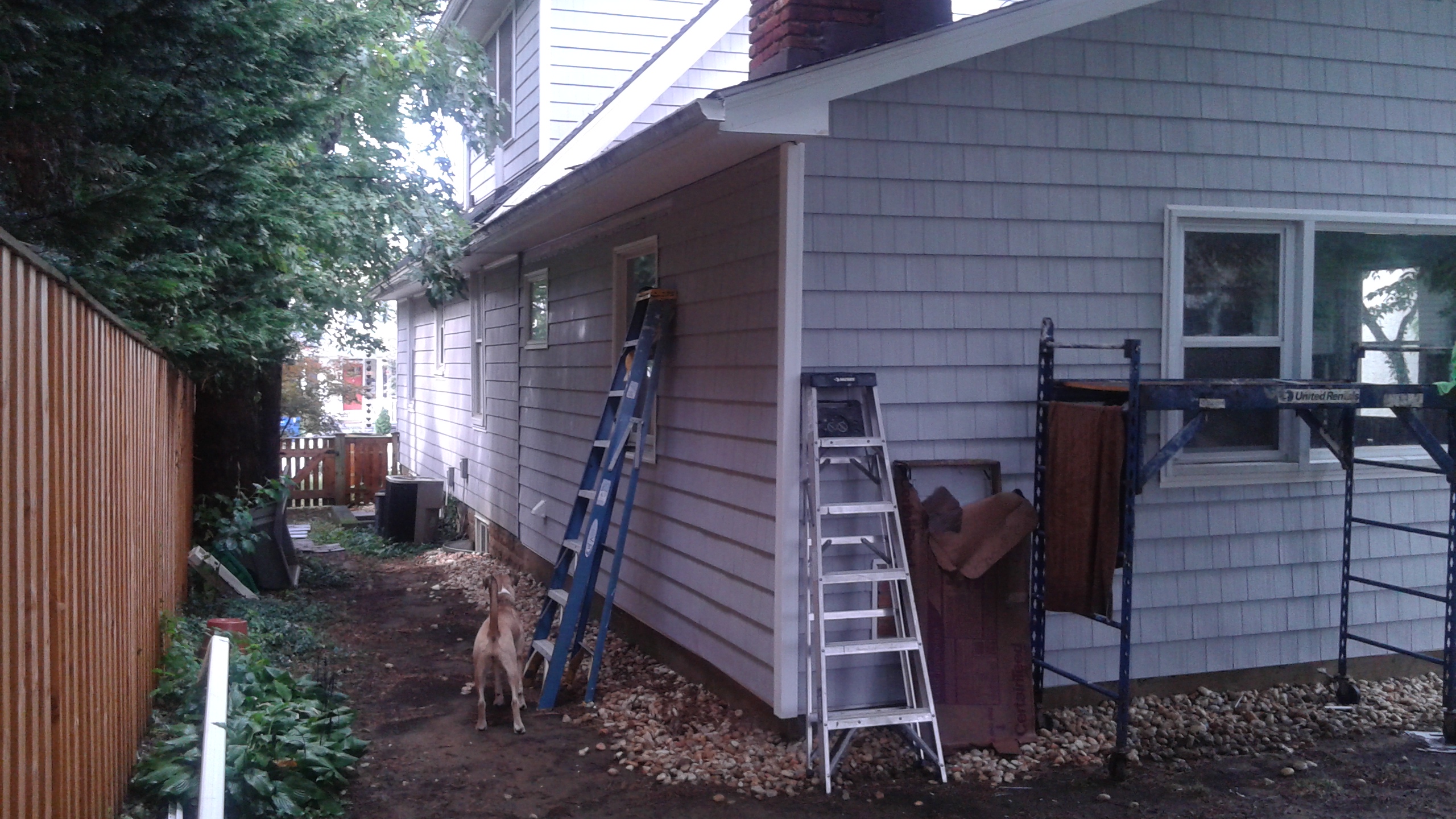 ladders hold up clothes to a small, skinny house