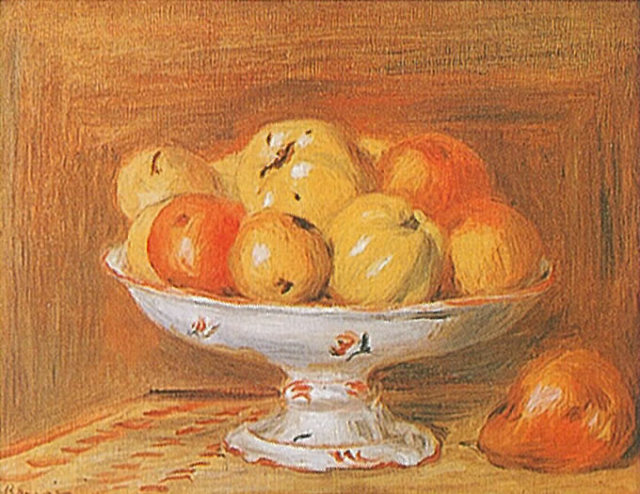 a painting of a bowl full of apples and oranges