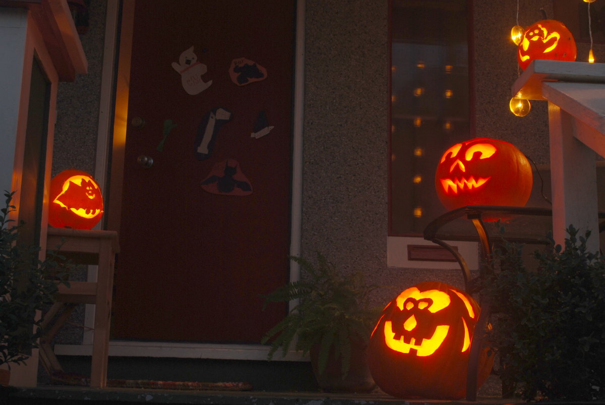 several carved jack o lantern pumpkins on display in front of a window