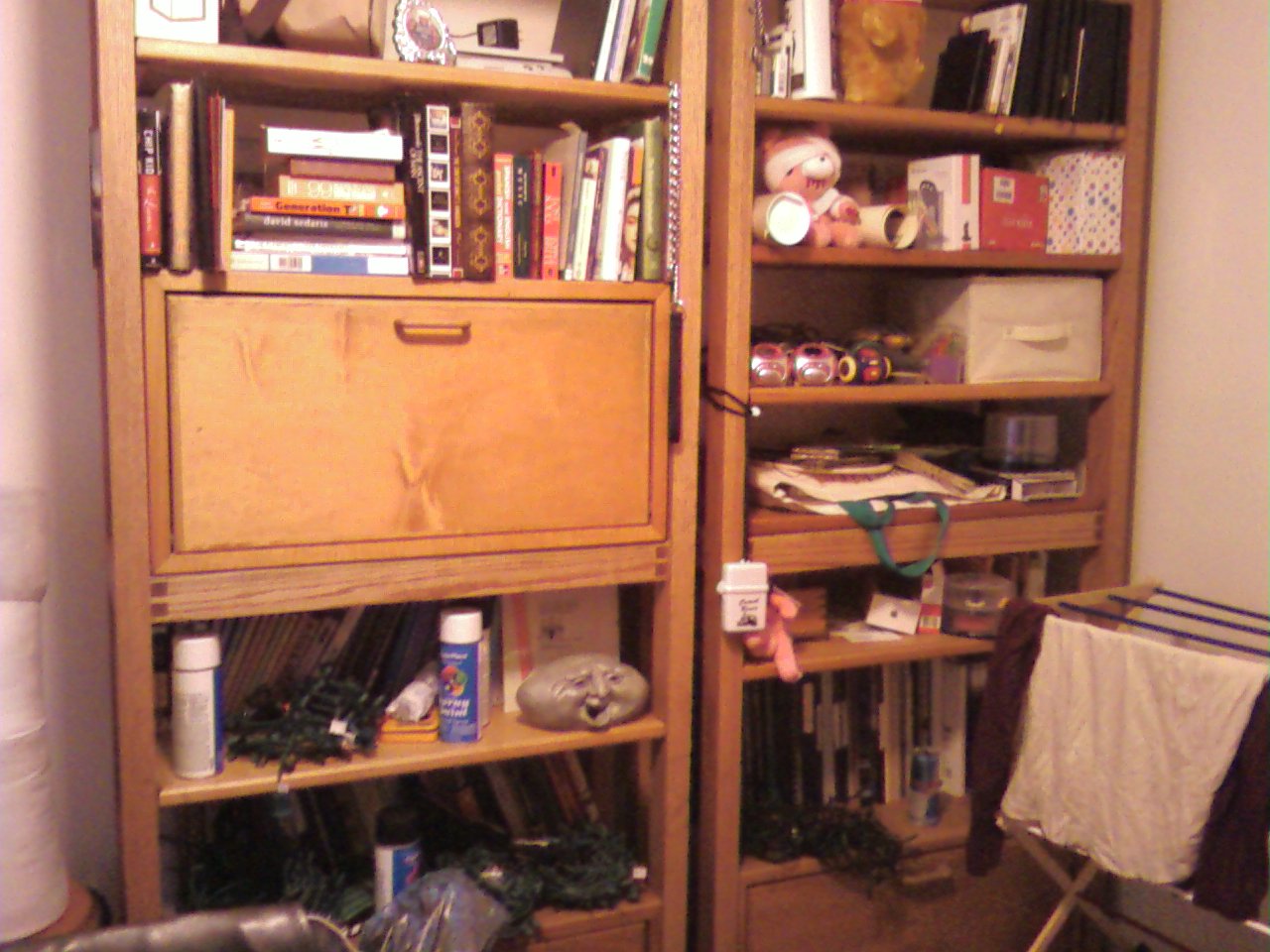 a bookcase full of books and a laundry hamper in the foreground
