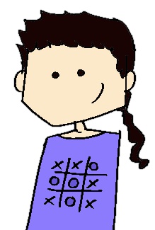 an illustrated picture of a girl with her hair pulled back, wearing a purple shirt that says xxo and the girl is smiling