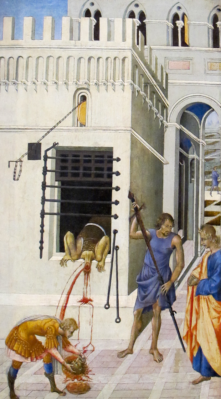 painting of men with spears near a building