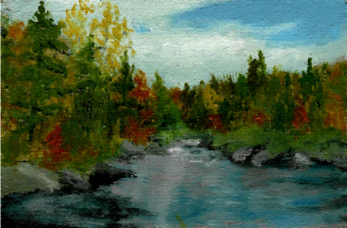 painting of a river surrounded by trees and rocks