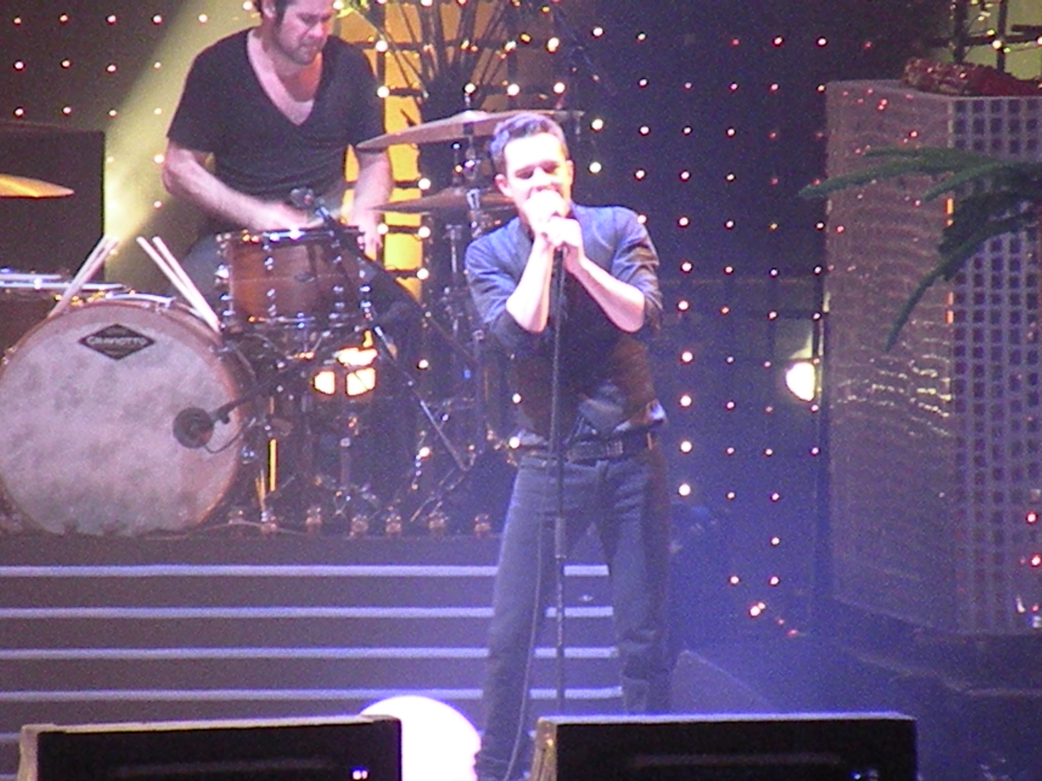 two men singing and playing instruments on stage