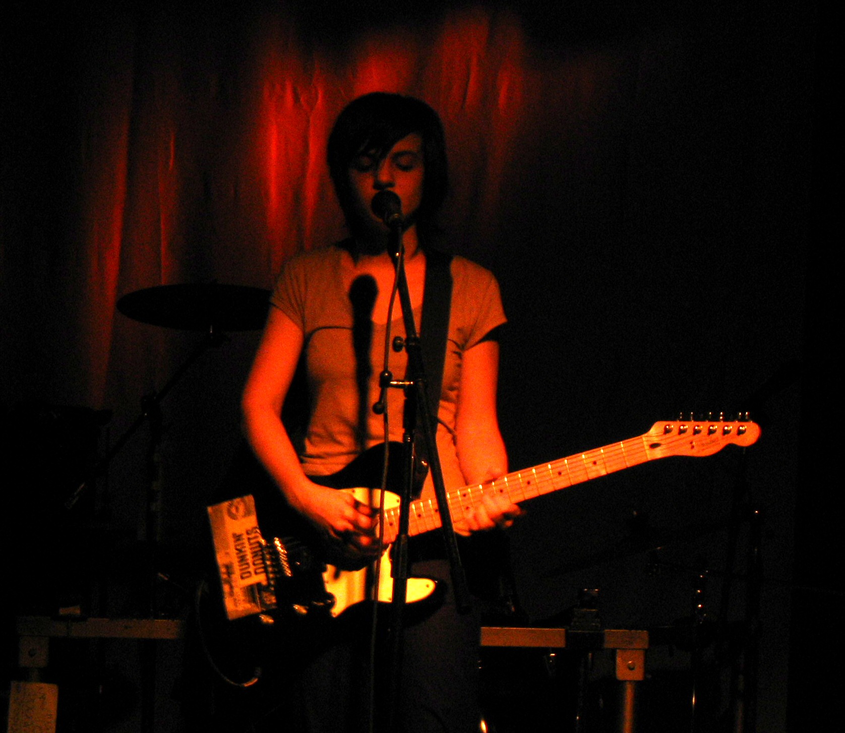 a man with a guitar stands behind an electric microphone