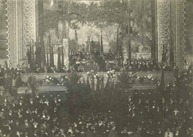 a black and white po of a crowd in a church