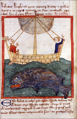 a painting showing a fish being pulled by boat
