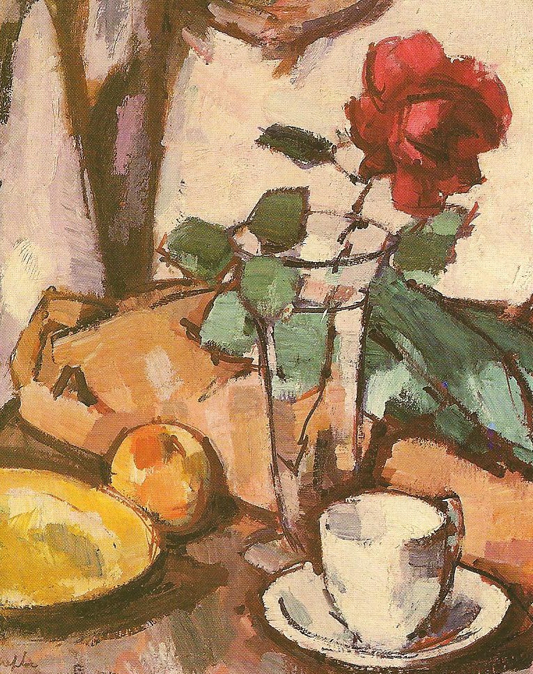 a painting of a table with a vase and cups