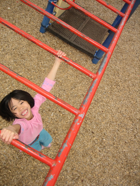 a  smiling and holding her arm up on the top of a playground structure