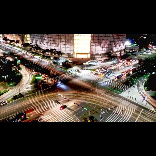an aerial po of city streets at night