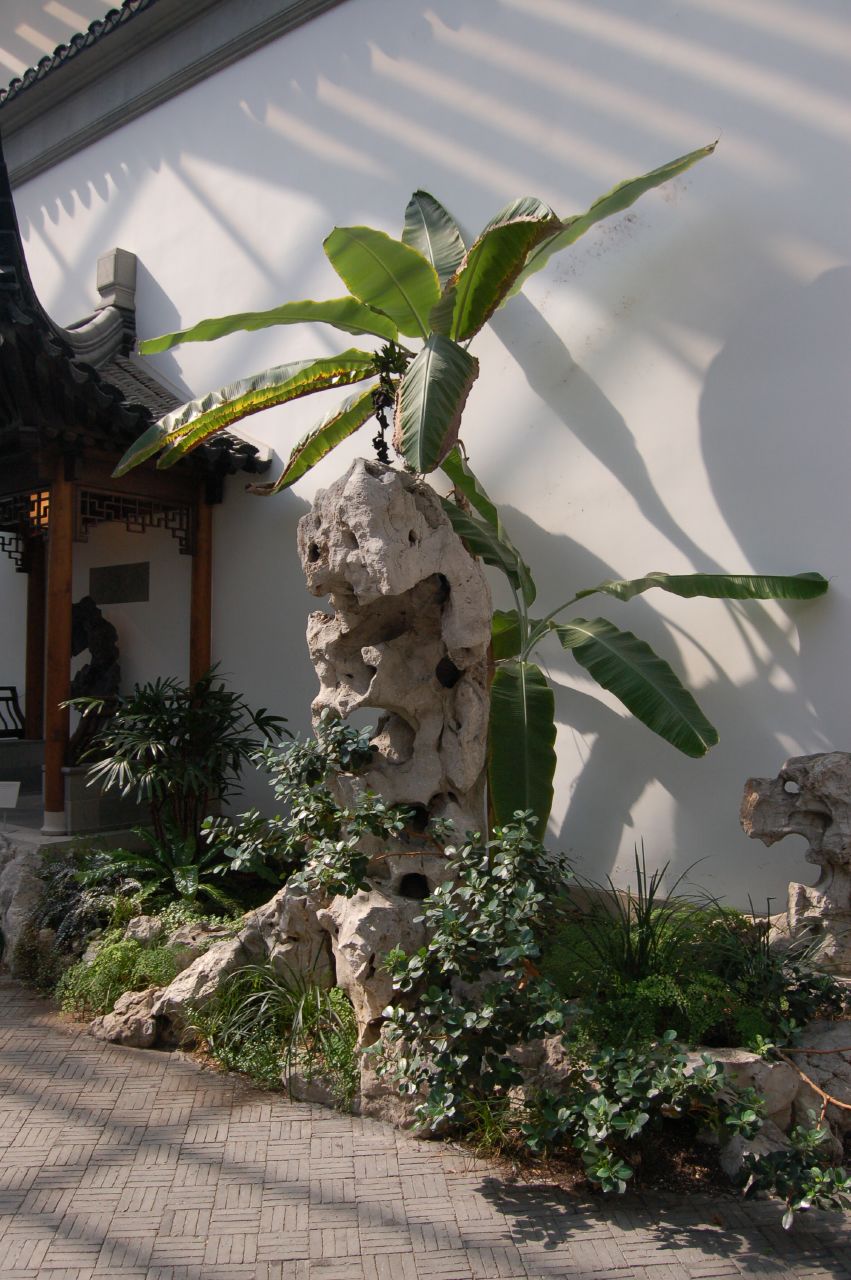 an outdoor area with a sculpture of rocks and a plant