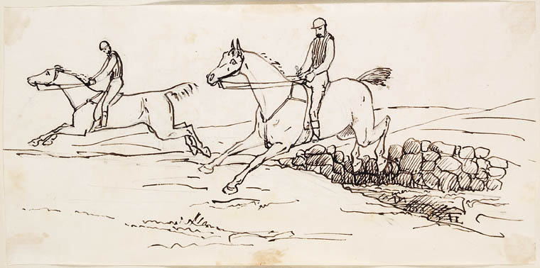 an old drawing shows two horse riders in a desert