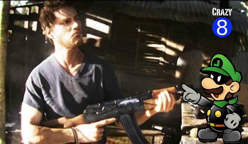 a man holding a gun while playing an animated game