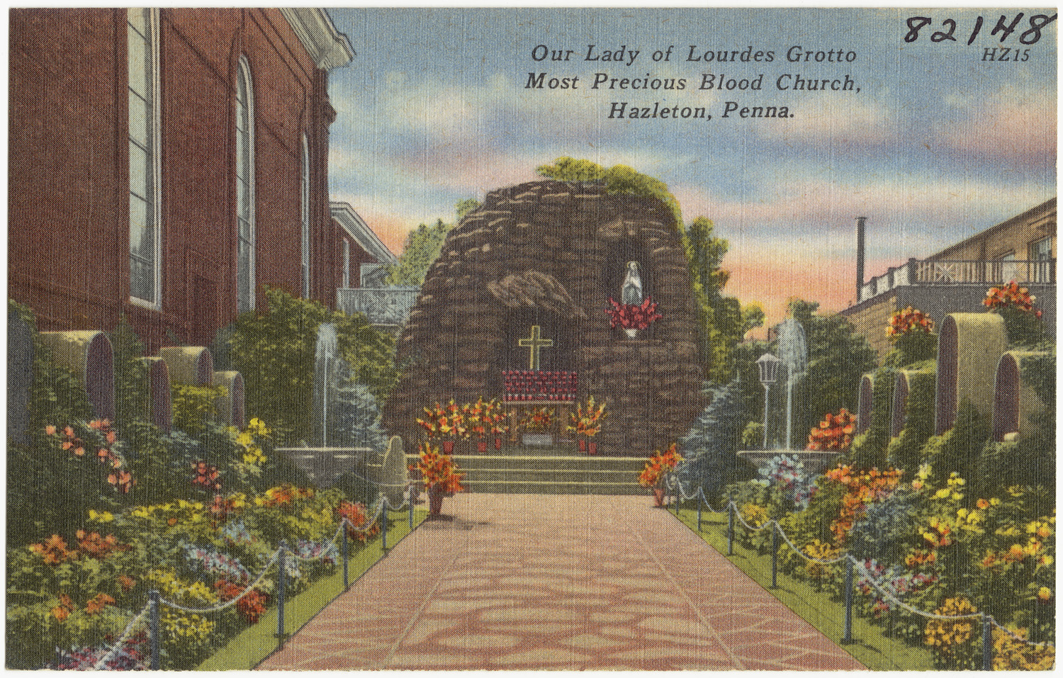 a colored postcard with flowers on it of an arch and walkway