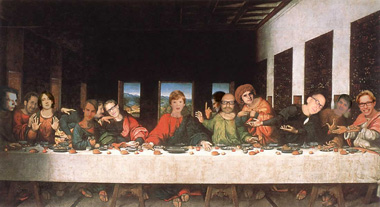there is a very long painting that has many people eating