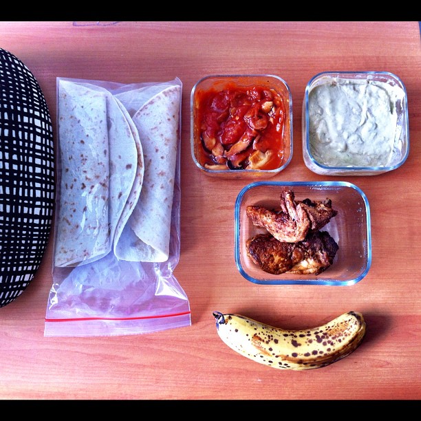 burritos in a bag, meat and vegetables and a banana