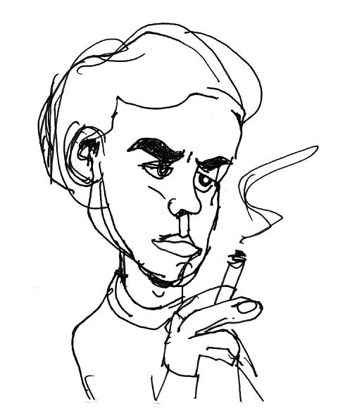 a black and white drawing of a person smoking a cigarette