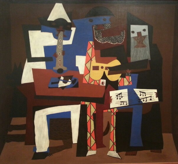 an abstract painting of a person sitting next to music instruments