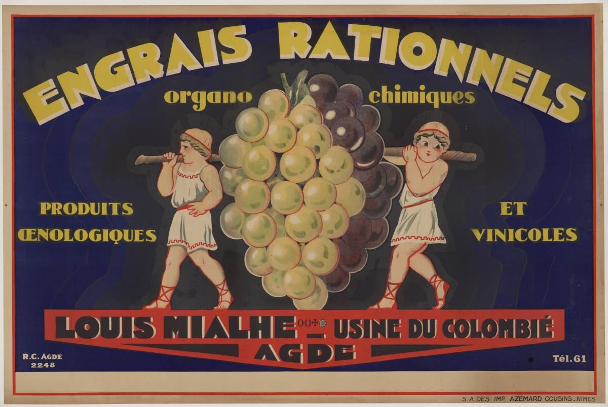 a french wine poster depicting two men carrying gs