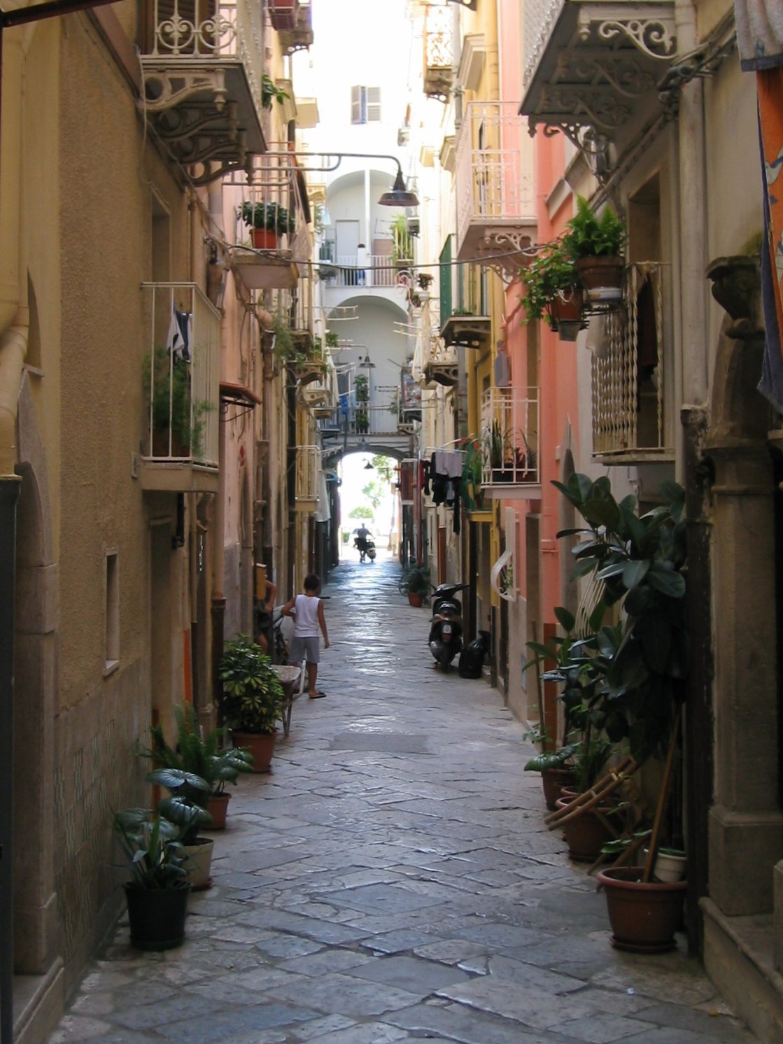 an alley way leading to small buildings with potted plants on each end