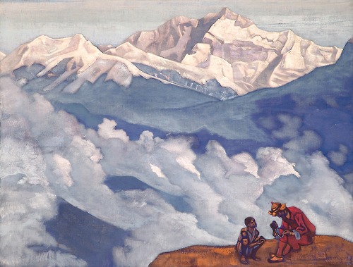 this is an oil painting with a couple on a mountain