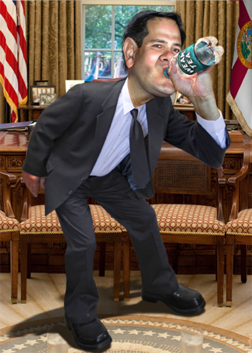 an advertit featuring a man in a suit drinking from a can