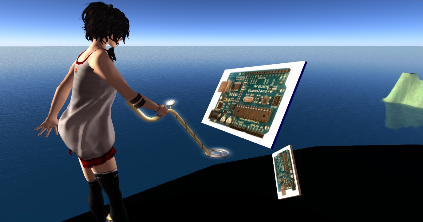 a computer artwork of a female figure looking at an electronic device