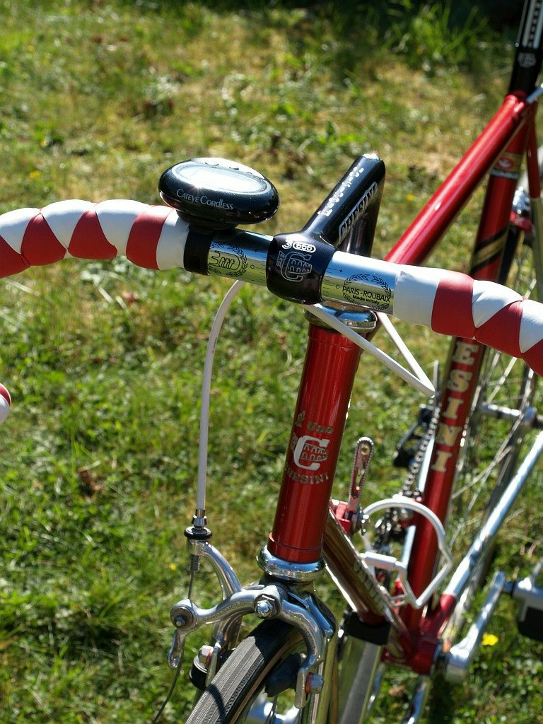 a bicycle is standing in the grass outside