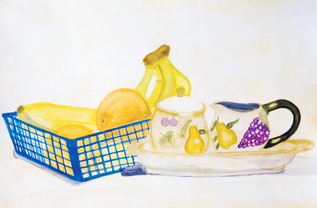 a drawing of some fruit in a basket and another item