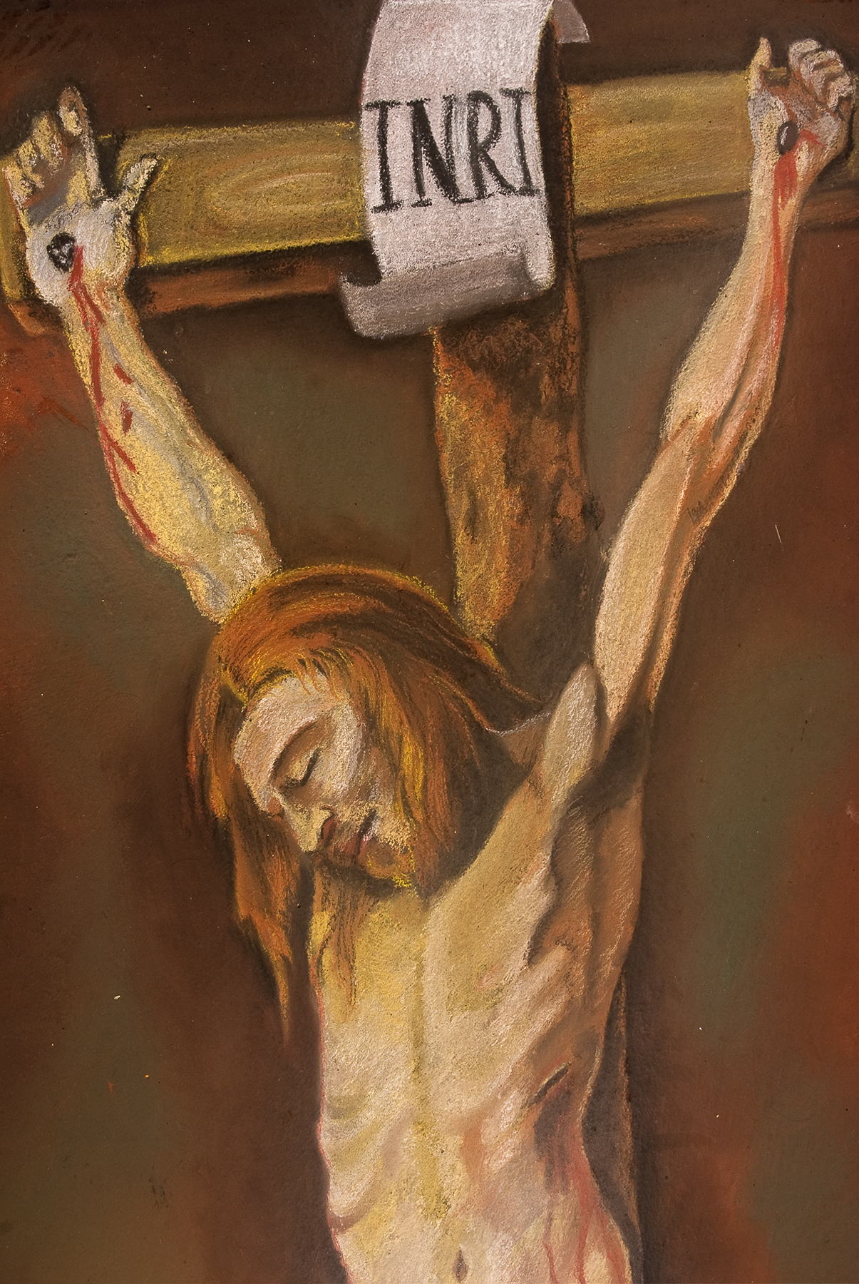 there is a painting of a man holding up a cross