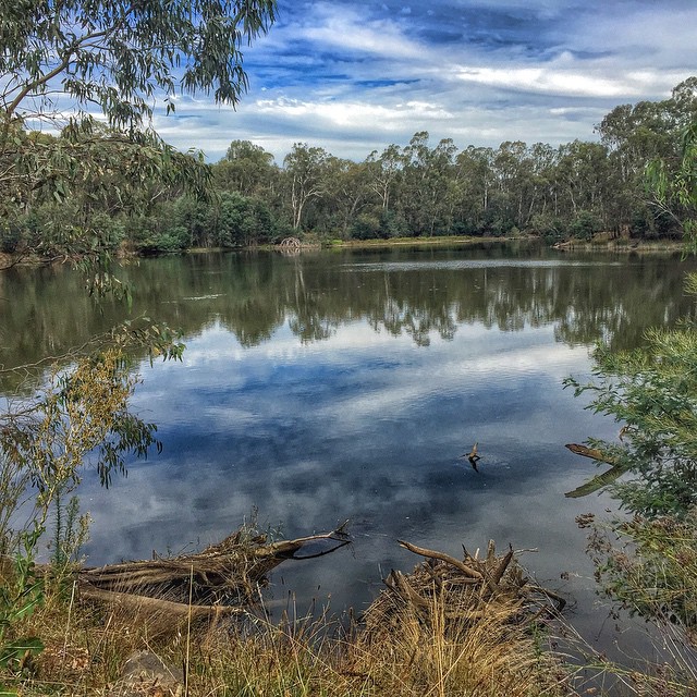 a blue lake with trees around it