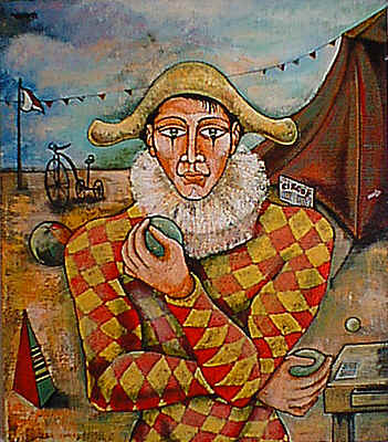 this is a painting of a man in front of a tent