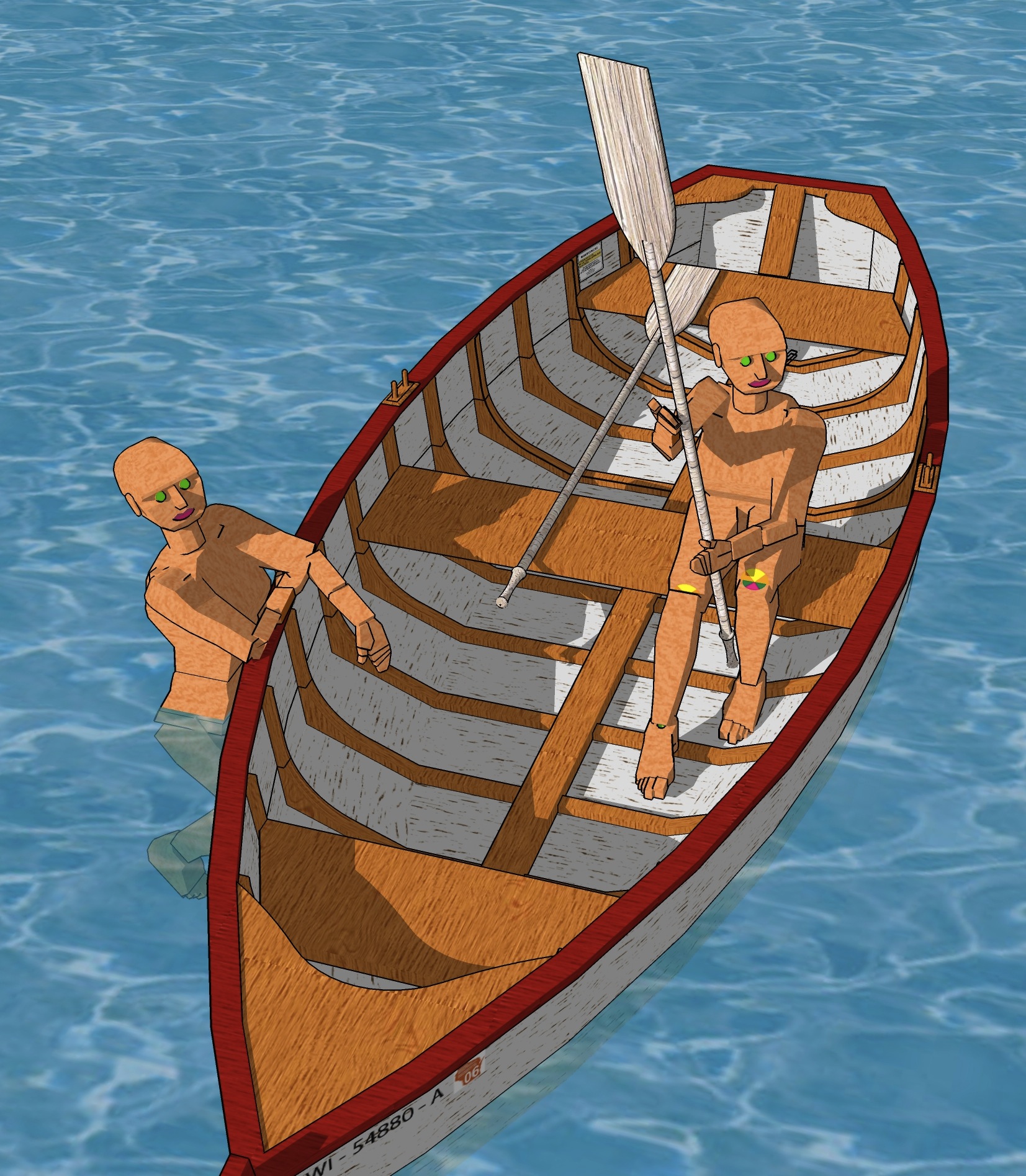 a man in a bikini sitting inside of a wooden boat