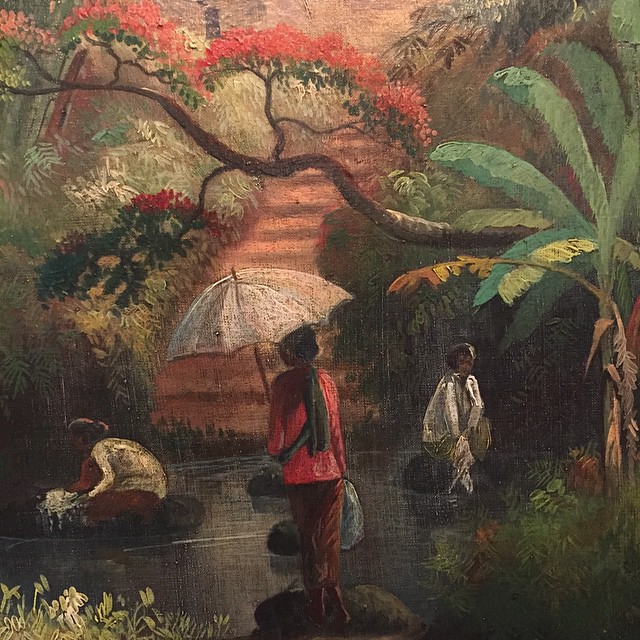 a painting of people with umbrellas on a jungle
